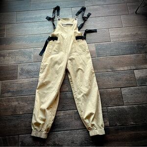 36 Point 5 tan with black stretch overalls jumpsuit S